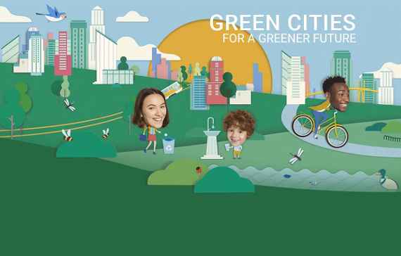 Logo der Veranstaltung Green Cities - Bild einer Stadt mit viel Grün, Menschen und Tieren