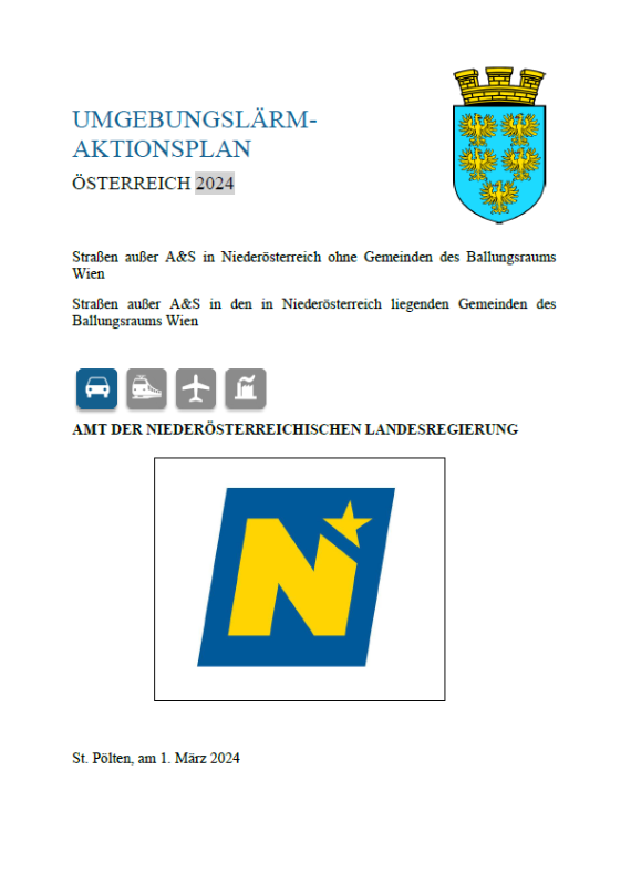Titelseite des Aktionsplans Umgebungslaerm 2024 für Straßen in Niederösterreich einschließlich der Ballungsraumgemeinden
