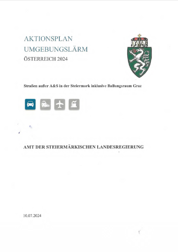 Titelseite des Umgebungslärm Aktionsplans 2024 für Straßen außer Autobahnen und Schnellstraßen in der Steiermark