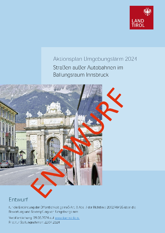 Titelseite des Aktionsplans für Straßen außer Autobahnen und Schnellstraßen im Ballungsraum Innsbruck mit dem Wasserzeichen "Entwurf"