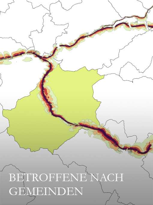 Auf dem Bild sind für einen Ausschnitt Österreichs die Gemeindegrenzen und Lärmzonen eingezeichnet. Eine der Gemeinden ist zur Hervorhebung eingefärbt. Im unteren Rand des Bildes steht "Betroffene nach Gemeinden"