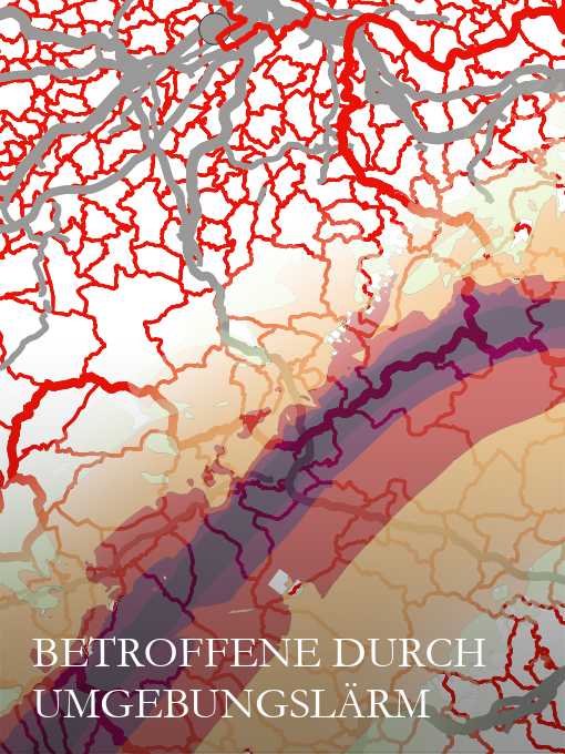 Auf dem Bild ist offensichtlich ein Ausschnitt Österreichs zu sehen, in dem die Gemeindegrenzen angezeigt werden. In grau sind die Verläufe der kartierten Infrastruktur stilisiert. Das Bild ist im unteren Teil von Lärmzonen überlagert.