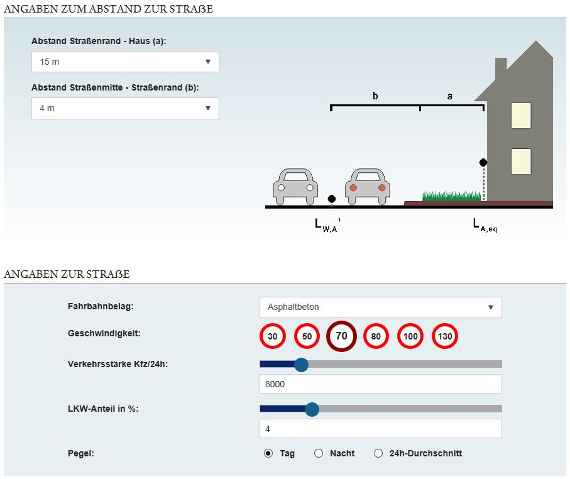 Screenshot des Lärmrechner-Tools