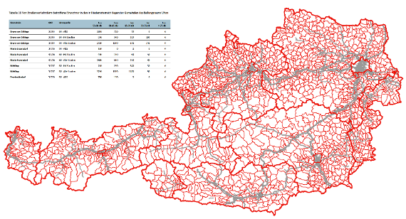 Österreichkarte mit hervorgehobenen Gemeindegrenzen sowie einer beispielhaft ausgefüllten Tabelle