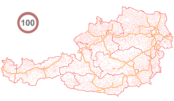 Österreichkarte mit den Gemeindegrenzen. Darüber ist der Liniengraph des Autobahn- und Schnellstraßennetzes eingezeichnet. Neben der Österreichkarte ist ein Verkehrsschild Tempo 100 eingezeichnet.