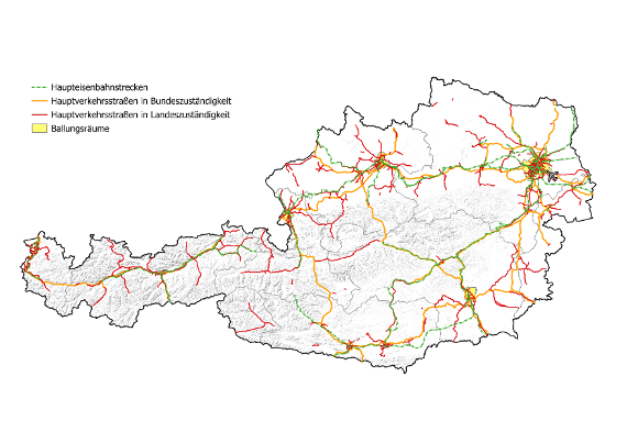 Kartendarstellung Österreichs mit den 2027 zu kartierenden Hauptverkehrsstraßen und Haupteisenbahnstrecken