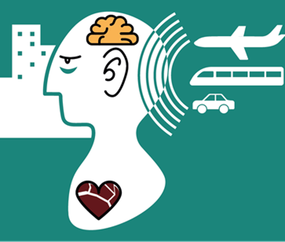 Logo der Konferenz Noise in Europe 2017 - Portraitansicht eines Menschen mit eingezeichneten Symbolen für Herz, Hirn und auf das Ohr einwirkende Schallwellen, im Hintergrund Gebäude, ein Flugzeug, ein Zug und ein Pkw