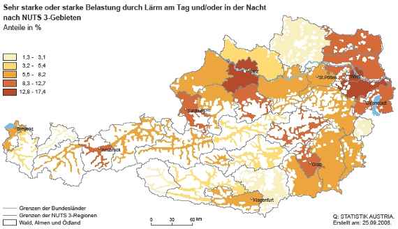 Karte der farblich abgestuft dargestellten Lärmstörung nach Gebieten, 2007