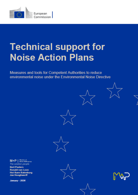 Titelseite der EK-Publikation "Technical support for Noise Action Plans". Auf der Seite befindet sich das Logo der Europäischen Kommission. In Anlehnung an die Europaflagge sind auf einem blauen Hintergrund ein paar gelbe Sterne kreisförmig angeordnet skizziert.