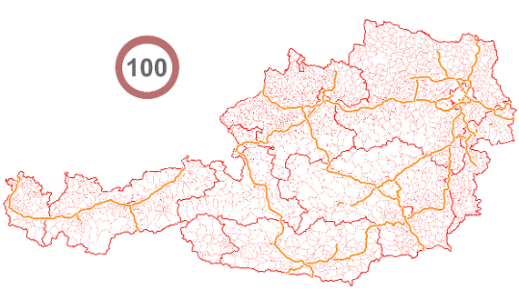 Neben einer Österreich-Karte mit den durch dünne Linien eingezeichneten Gemeindegrenzen ist symbolisch das Verkehrszeichen 100 km/h - Geschwindigkeitsbegrenzung eingeblendet.