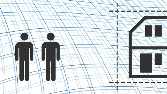 Symbolgrafik von zwei Personen und einem Gebäude in Seitenansicht