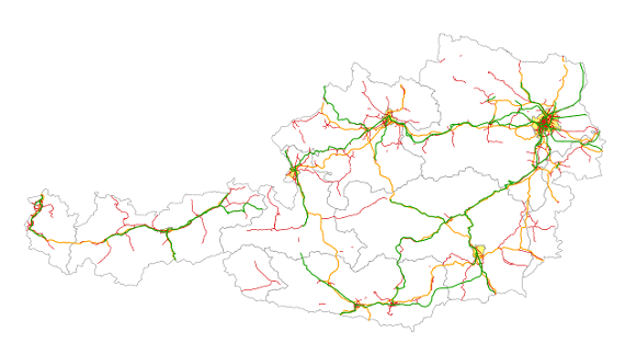 Kartendarstellung Österreichs mit den 2027 zu kartierenden Hauptverkehrsstraßen und Haupteisenbahnstrecken