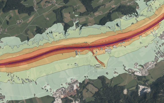 Ausschnitt einer strategischen Lärmkarte aus dem Autobahn- und Schnellstraßennetz
